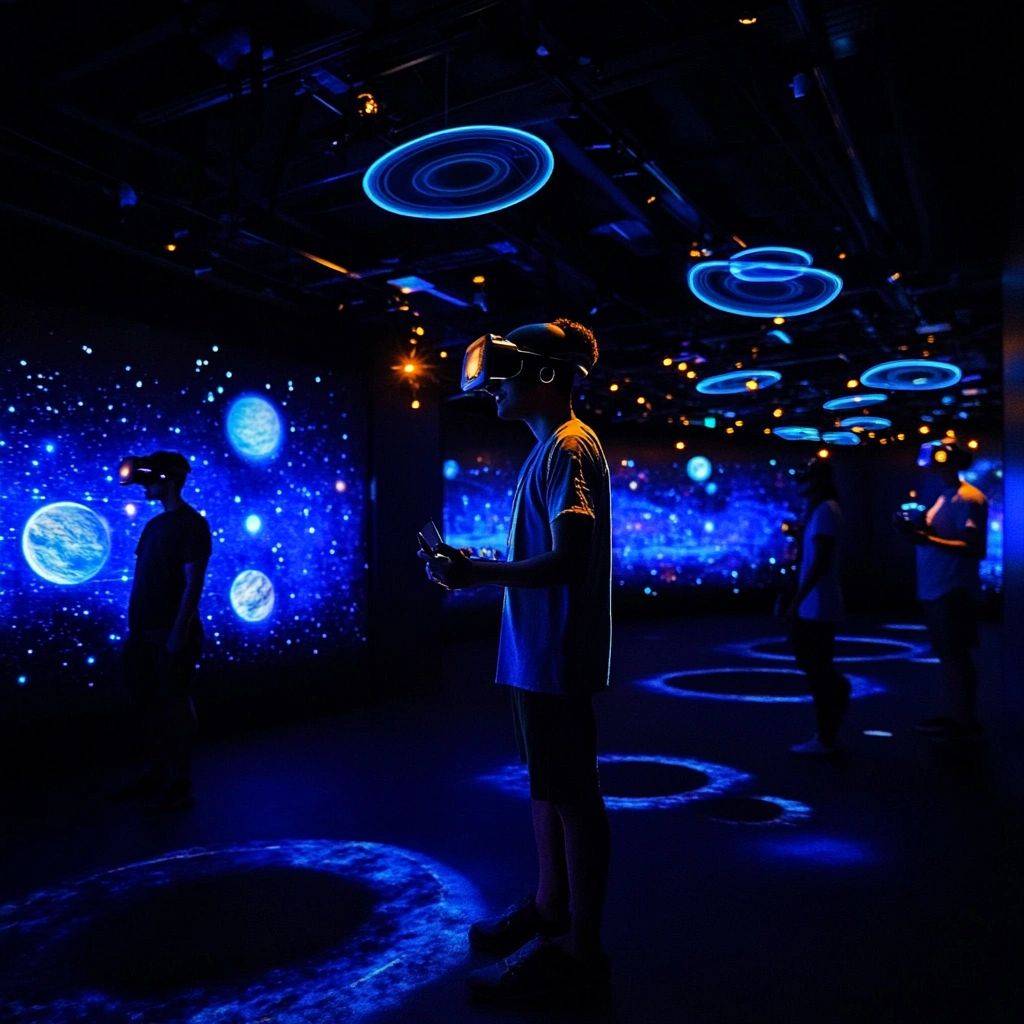 Guests in mixed reality headsets exploring a dark room filled with blue holograms